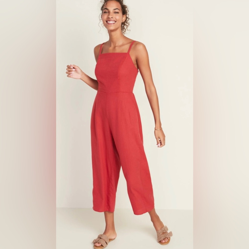 OLD NAVY red linen blend jumpsuit!  Size LARGE